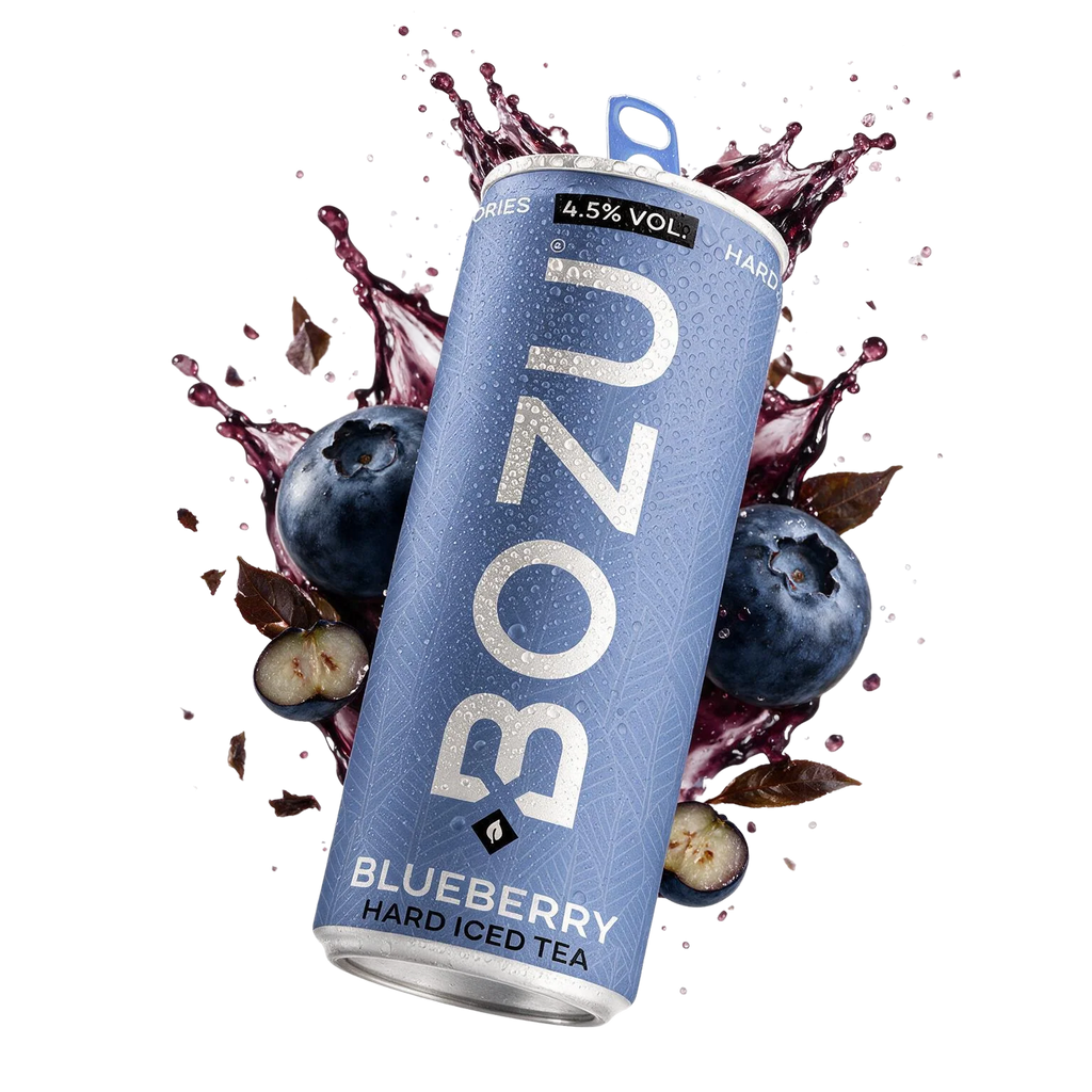 BOZU ice tea blueberry, blikje met bosbessmaak