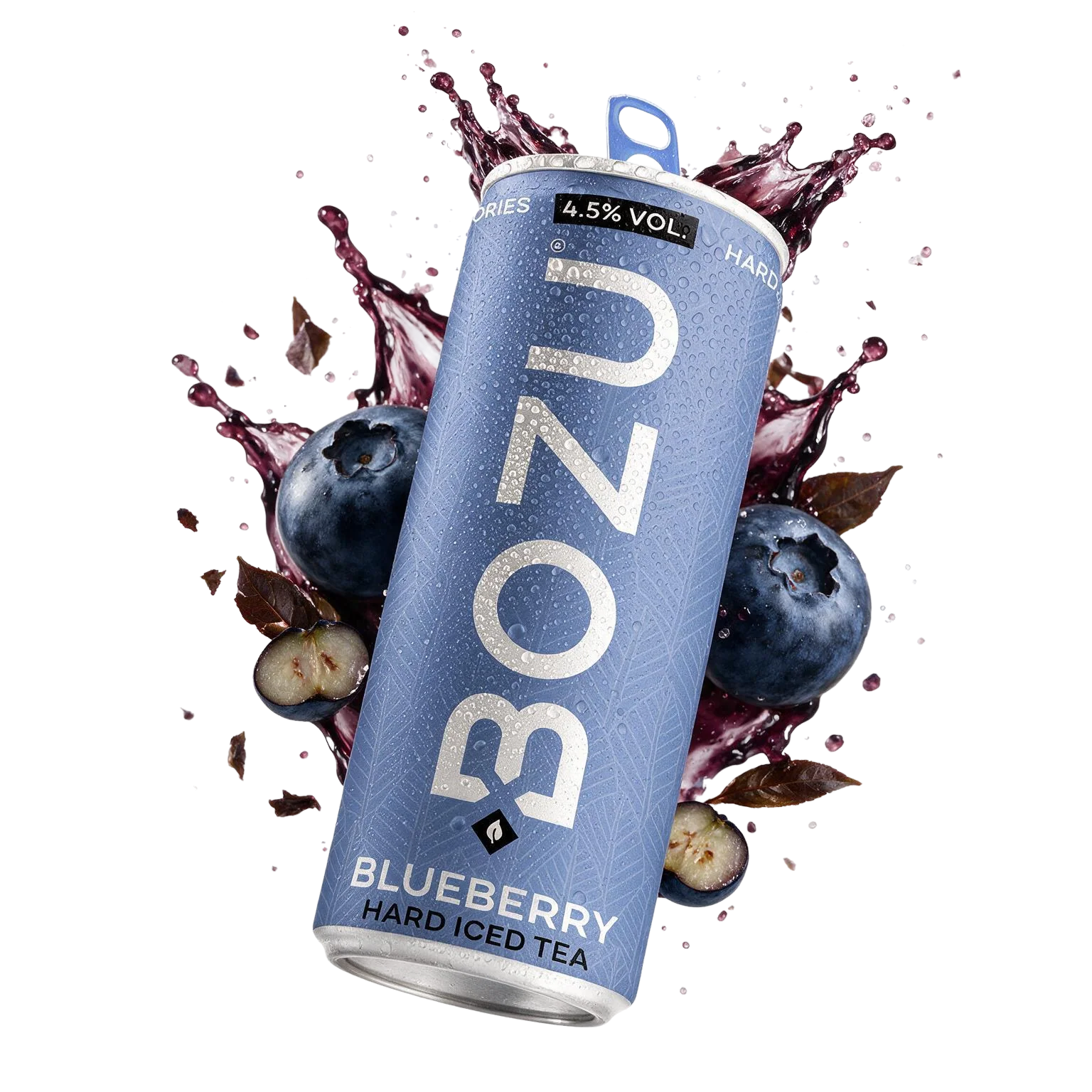 BOZU ice tea blueberry, blikje met bosbessmaak